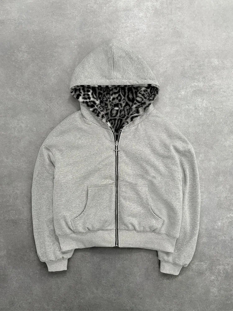 Sweat à capuche oversize style gothique Harajuku pour homme et femme, automne-hiver, imprimé léopard rétro décontracté, fermeture éclair, coupe ample et personnalisable