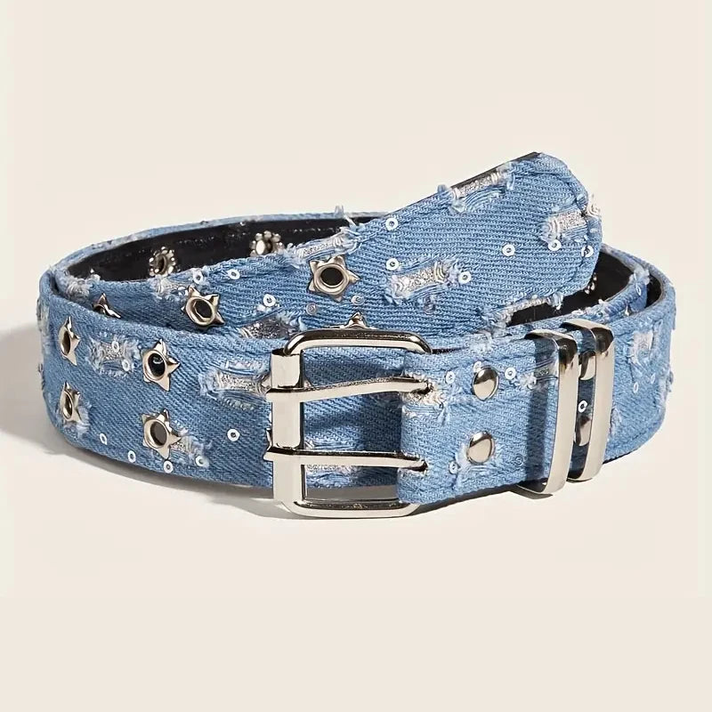 1PC Nouvelle Ceinture De Luxe Tendance Noir Punk Accessoires Bleu Jean Ceinture HipHop Y2k Étoile Creuse Boucle Ardillon Taille，Pour Hommes Femmes