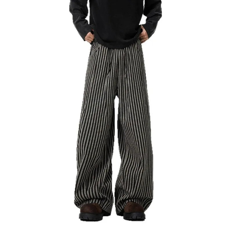 UNITIM Man Wide Leg Pant Vintage Thin Breathable Striped Men Trousers Streetwear Loose Drawstring Casual Versatile Male Pant