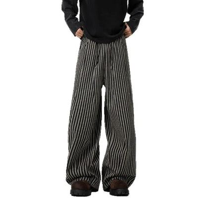 UNITIM Man Wide Leg Pant Vintage Thin Breathable Striped Men Trousers Streetwear Loose Drawstring Casual Versatile Male Pant