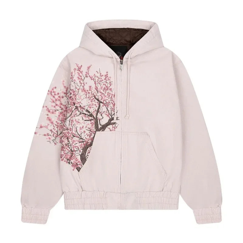 Sweat-shirts Harajuku surdimensionnés à capuche et fermeture éclair roses brodés de pruniers pour hommes et femmes, nouvelle mode gothique Y2K, rétro urbain