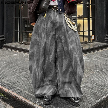 INCERUN Men's Wide Leg Pants Striped Joggers Oversize Button Casual Trousers Men Streetwear 2025 Fashion Loose Long Pants S-5XL