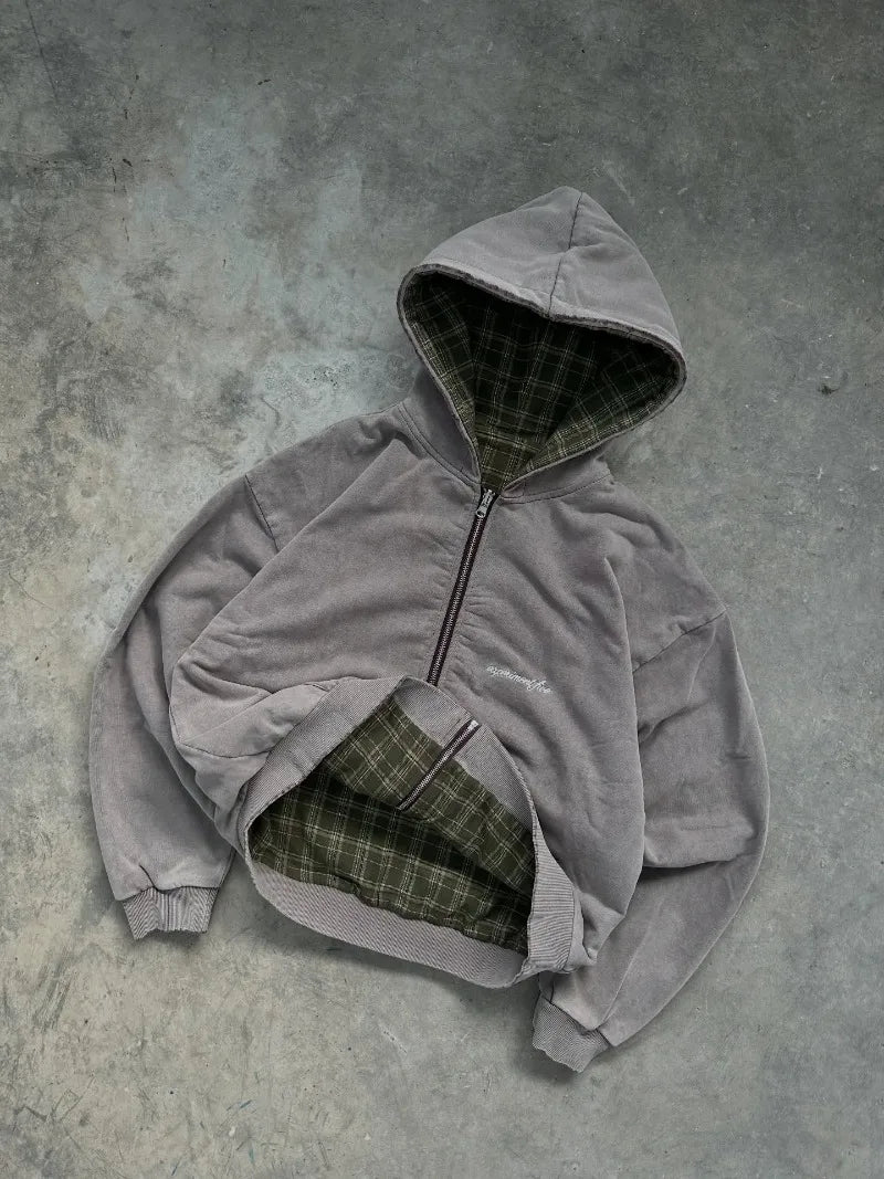 Hoodie zippé réversible à carreaux style rétro américain, mode masculine, nouveau sweat décontracté Harajuku Y2K délavé épais, femme