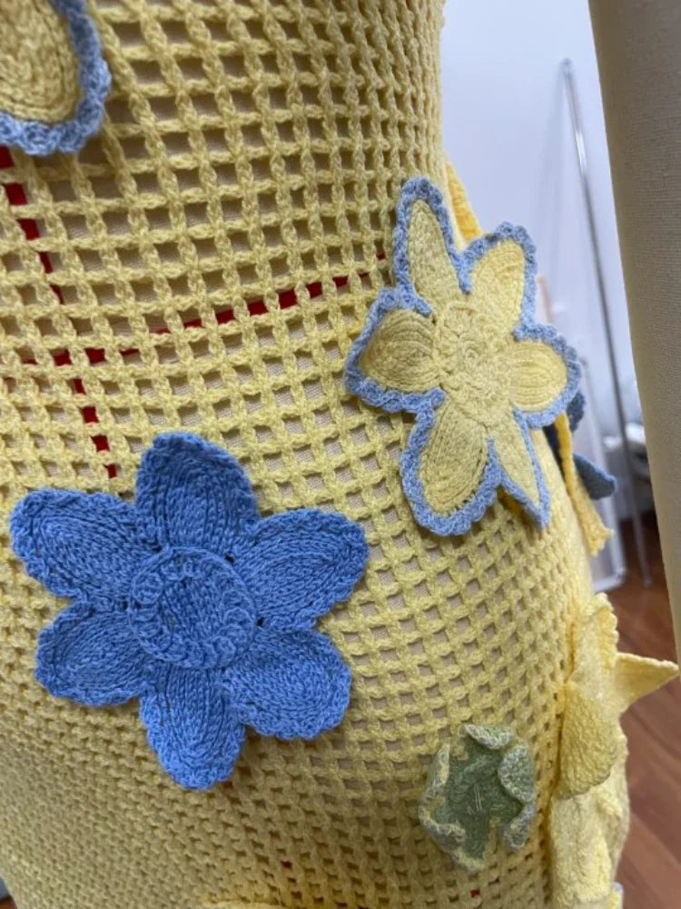Colorful Flowers Embroidery Crochet Knitted Mini Dress Women Hollow Out Strap Backless Sleeveless Dresses Street Vacation Party