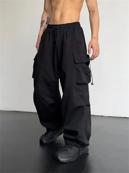 Black Men's Hip Hop Cargo Pants Casual Summer Solid Multiple Pockets Trousers Cool Ribbons Techwear Hip Hop Sweatpants Boys