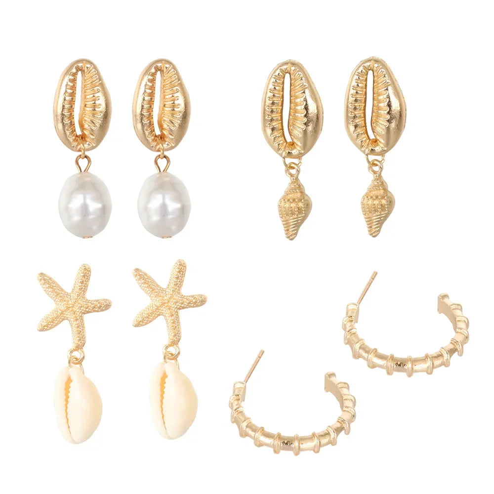 4 Pairs Bohemia Shell Starfish Dangle Earring Set For Women Summer Beach Pearl Conch Drop Earring Girls Boho Jewelry Accessories