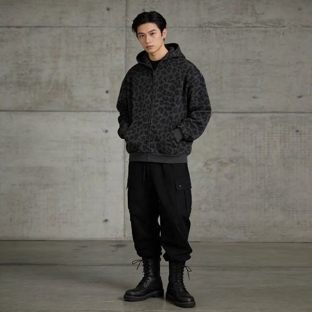 Sweat à Capuche Zippé Imprimé Léopard Minimaliste 2026 Pour Hommes Femmes Ample Imprimé Intégral Tissu Doux Tendance Quotidien Streetwear