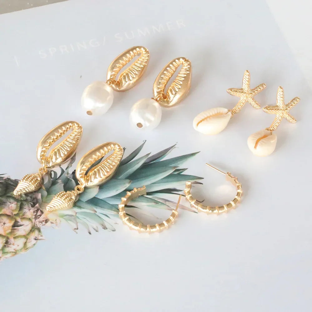 4 Pairs Bohemia Shell Starfish Dangle Earring Set For Women Summer Beach Pearl Conch Drop Earring Girls Boho Jewelry Accessories