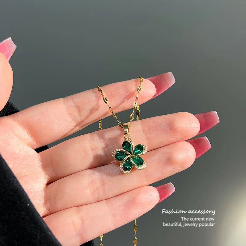Collier pendentif fleurs en zircon vert en acier inoxydable pour femmes, nouvelle chaîne de luxe pour filles, cadeaux d'anniversaire bijoux