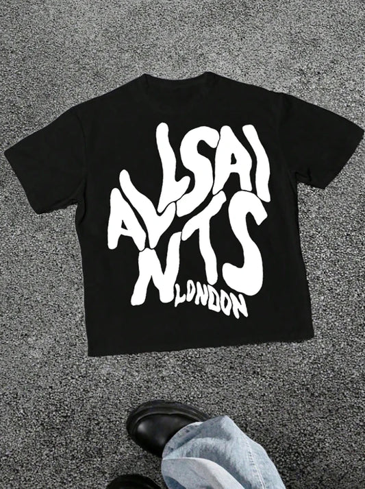 T-shirt London Elastic Text, T-shirt graphique à police audacieuse, Convient aux vêtements de style urbain pour hommes, Convient à toutes les saisons, Confortable et ajusté, Cadeau idéal