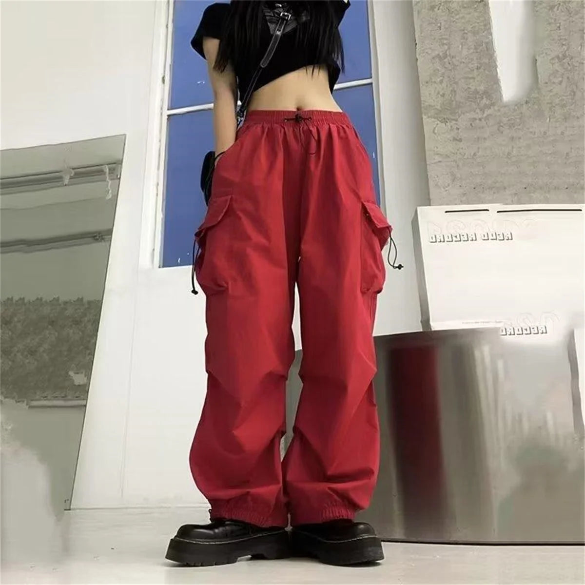 Black Men's Hip Hop Cargo Pants Casual Summer Solid Multiple Pockets Trousers Cool Ribbons Techwear Hip Hop Sweatpants Boys