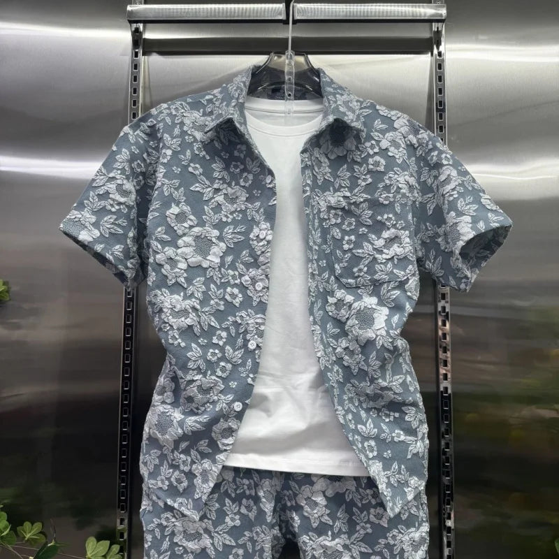 Ensemble décontracté d'été 2026 pour homme : chemise à manches courtes et short en jacquard gaufré, tenue 2 pièces légère