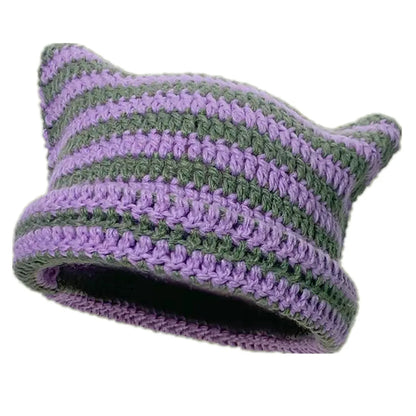 Cute Cat Ears Beanie Hats for Women Winter Striped Korean Punk Gothic Y2K Wool Knitted Streetwear Handmade Crochet Bucket Cap