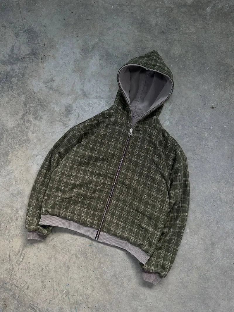 Hoodie zippé réversible à carreaux style rétro américain, mode masculine, nouveau sweat décontracté Harajuku Y2K délavé épais, femme