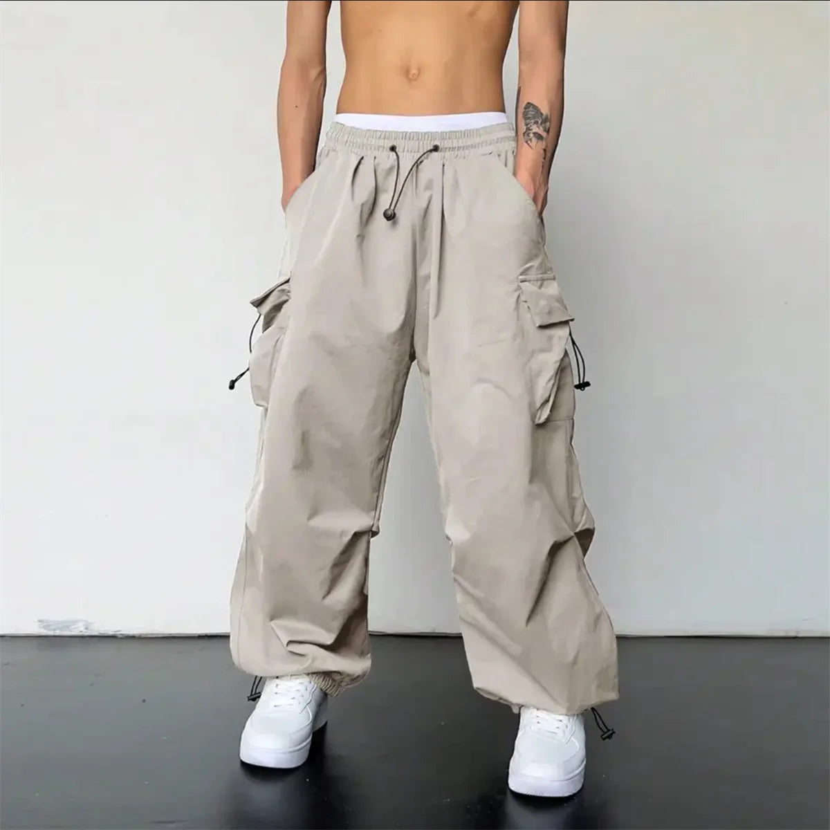 Black Men's Hip Hop Cargo Pants Casual Summer Solid Multiple Pockets Trousers Cool Ribbons Techwear Hip Hop Sweatpants Boys