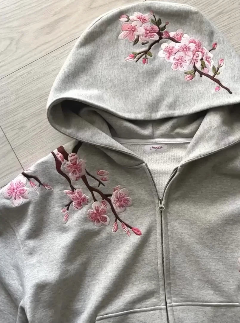 Sweat à capuche oversize brodé de fleurs de cerisier vintage Y2K
