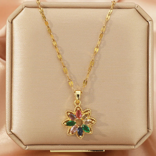ZAKOL New Fashion 7 Colors Rainbow Zircon Crystal Flower Pendant Necklaces For Women Stainless Steel Chain Necklace Accessories