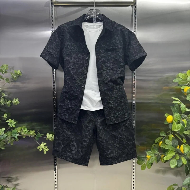 Ensemble décontracté d'été 2026 pour homme : chemise à manches courtes et short en jacquard gaufré, tenue 2 pièces légère