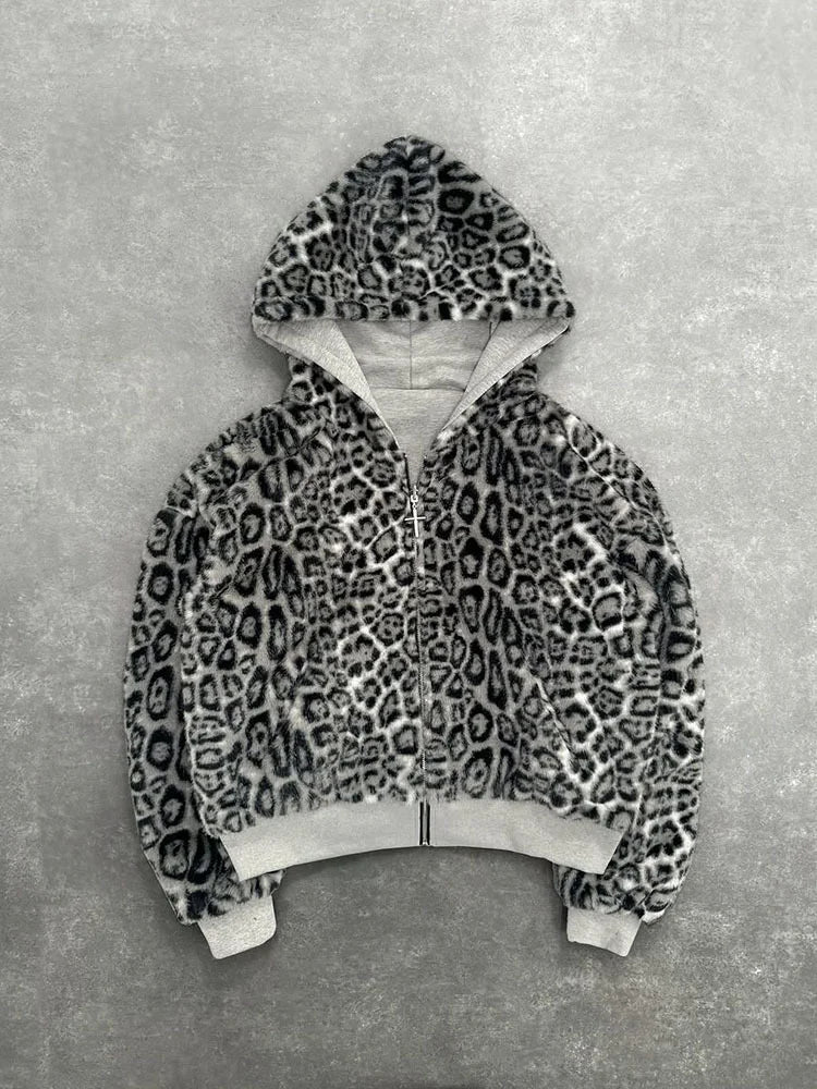 Sweat à capuche oversize style gothique Harajuku pour homme et femme, automne-hiver, imprimé léopard rétro décontracté, fermeture éclair, coupe ample et personnalisable