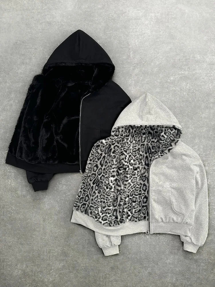 Sweat à capuche oversize style gothique Harajuku pour homme et femme, automne-hiver, imprimé léopard rétro décontracté, fermeture éclair, coupe ample et personnalisable
