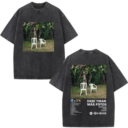 Rapper Bad Bunny Album Cover Print T-shirt Debi Tirar Mas Fotos DTMF Washed Vintage T Shirt Men Women Hip Hop Oversized T-shirts