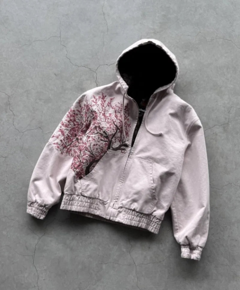 Sweat-shirts Harajuku surdimensionnés à capuche et fermeture éclair roses brodés de pruniers pour hommes et femmes, nouvelle mode gothique Y2K, rétro urbain
