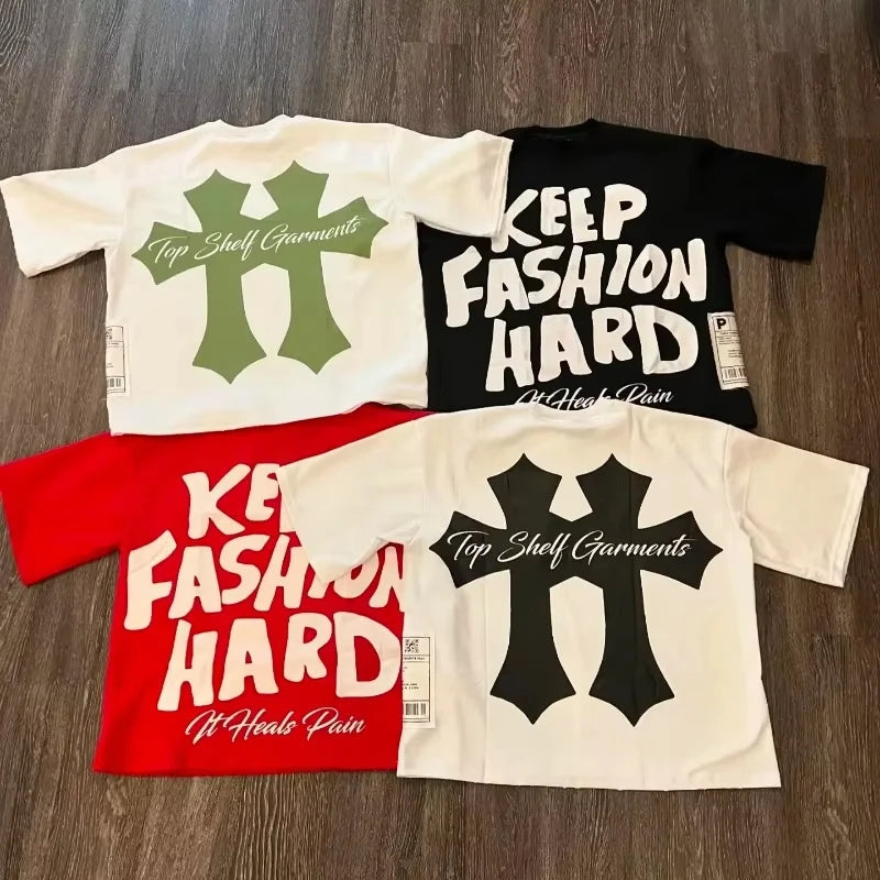 T-shirt Imprimé Graphique Col Rond Pur Coton High Street Nouveau Femme Tendance Marque Ample Décontracté Couple Américain Harajuku Y2k