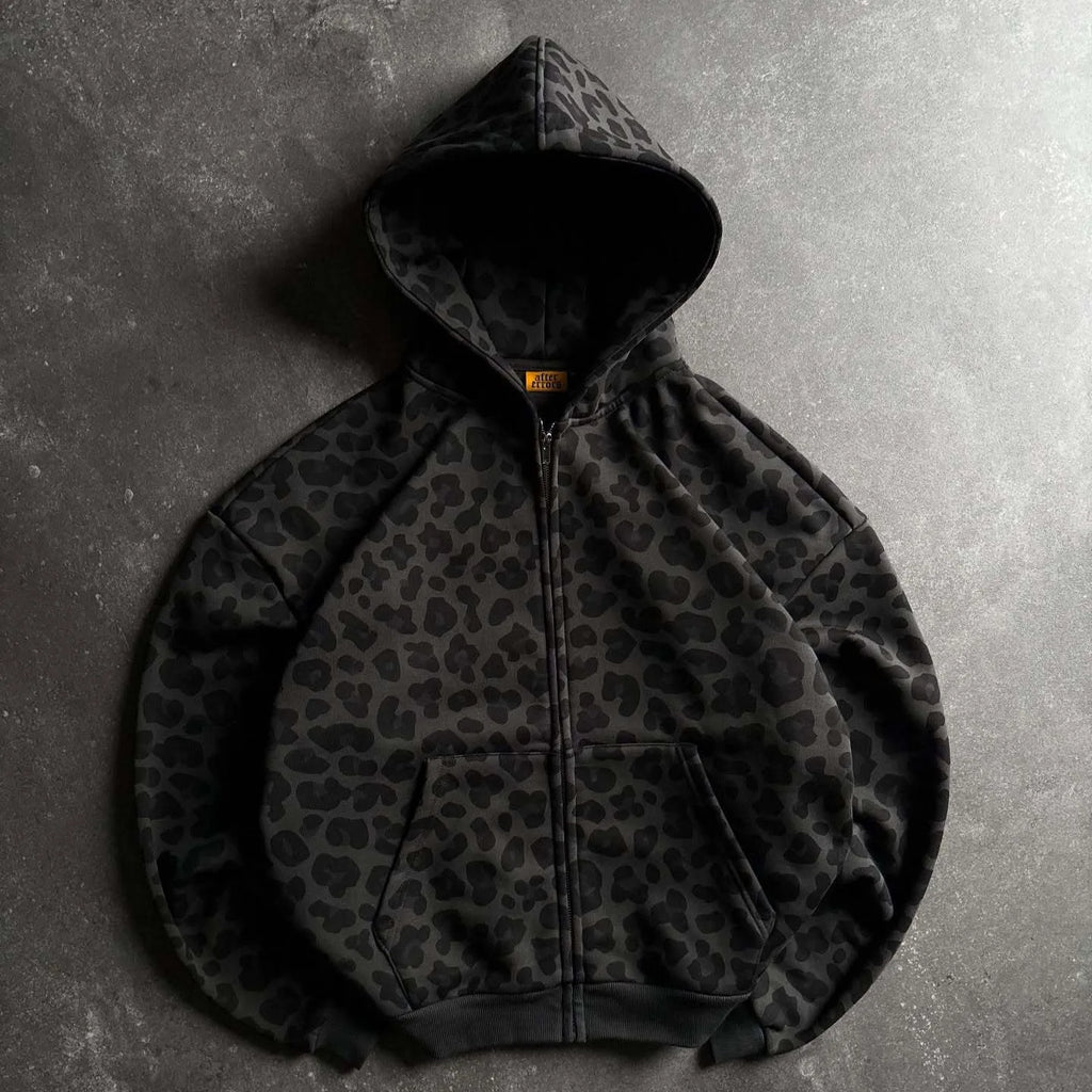 Sweat à Capuche Zippé Imprimé Léopard Minimaliste 2026 Pour Hommes Femmes Ample Imprimé Intégral Tissu Doux Tendance Quotidien Streetwear