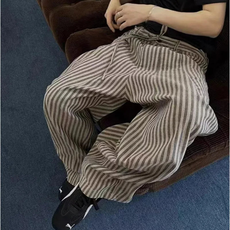 UNITIM Man Wide Leg Pant Vintage Thin Breathable Striped Men Trousers Streetwear Loose Drawstring Casual Versatile Male Pant