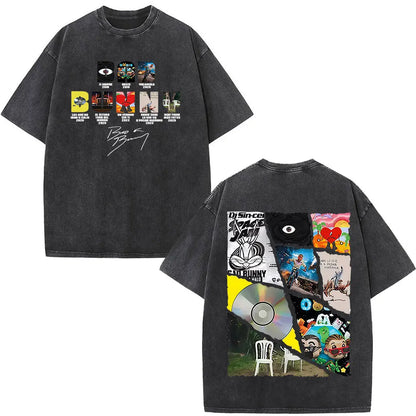 Rapper Bad Bunny Album Cover Print T-shirt Debi Tirar Mas Fotos DTMF Washed Vintage T Shirt Men Women Hip Hop Oversized T-shirts
