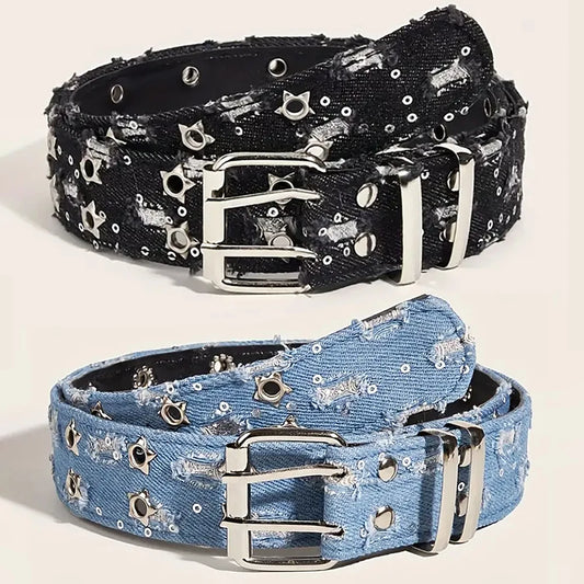 1PC New Fashion Luxury Belt Black Punk Accessories Blue Denim Girdle HipHop Y2k Star Hollowed Pin Buckle Waistband，For Men Women