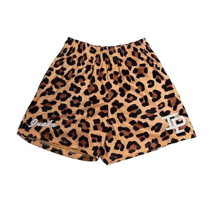 Summer Men's INAKA IP Leopard Print Mesh Shorts Elastic Waist Drawstring Breathable Quick Dry Gym Workout Fitness Casual Pants