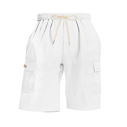Men's Summer Corduroy Cargo Shorts Casual Multi-Pocket Drawstring Waist Breathable Sports Beach 5-Point Pants Loose Fit Trousers