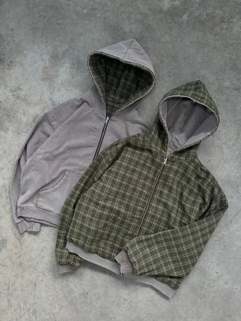 Hoodie zippé réversible à carreaux style rétro américain, mode masculine, nouveau sweat décontracté Harajuku Y2K délavé épais, femme
