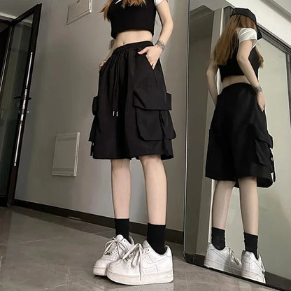 2026 Women High  Fashion Female Big Pocket Loose Shorts New Waist Cargo Shorts American Style Streetwear Summer Wide Leg Pants