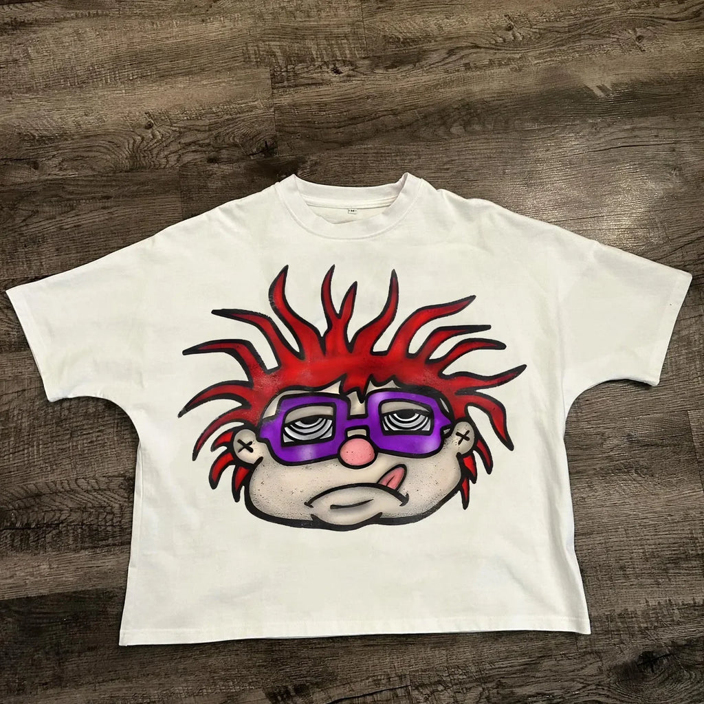 T-shirt ample unisexe en coton style hip-hop streetwear Harajuku avec motif de dessin animé américain chic