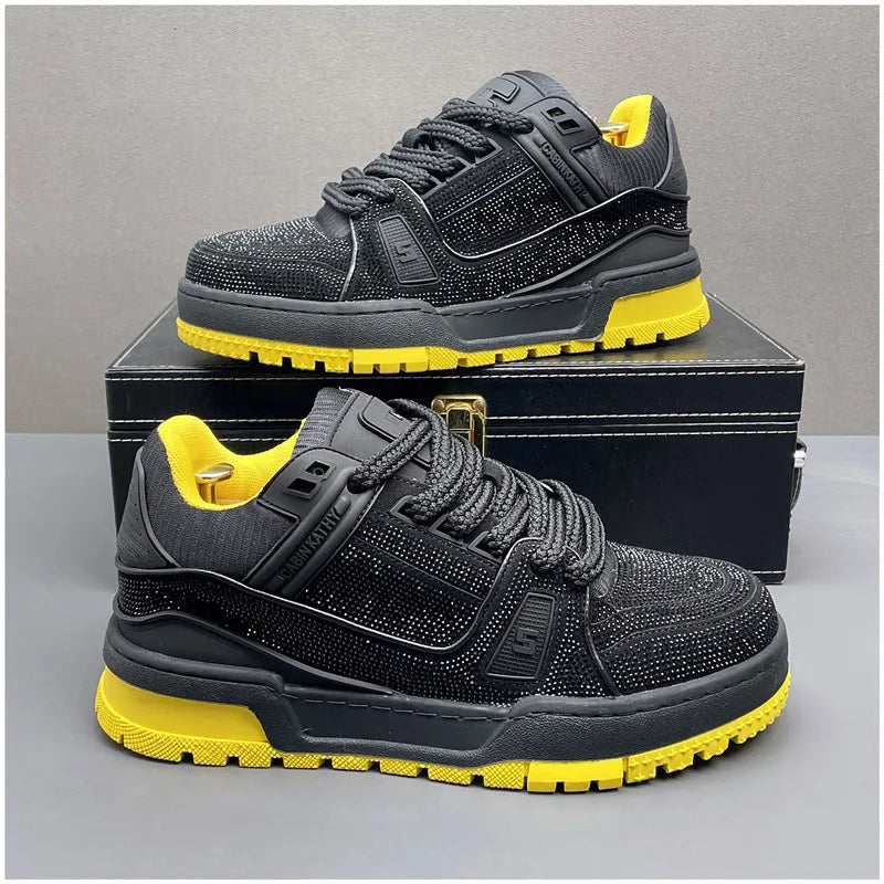 Rhinestone Sports Shoes Trend Spring New Men Thick-Soled Casual Walking Tennis Shoes Shiny Black Diamond Breathable Sneakers