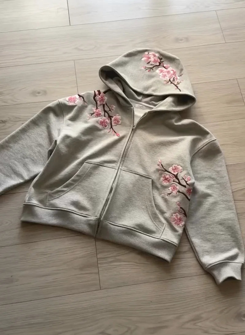 Sweat à capuche oversize brodé de fleurs de cerisier vintage Y2K