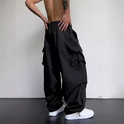 Black Men's Hip Hop Cargo Pants Casual Summer Solid Multiple Pockets Trousers Cool Ribbons Techwear Hip Hop Sweatpants Boys