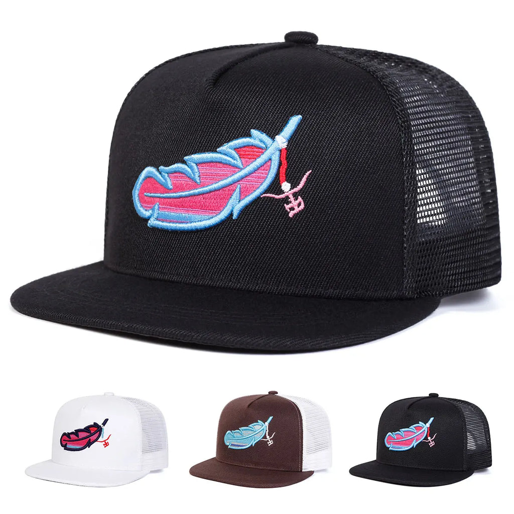 Chapeaux de filet de Hip-hop Unisexe Coloré Broderie Plume Printemps Été Réglable Décontracté Casquettes de Baseball Chapeau de Protection Solaire