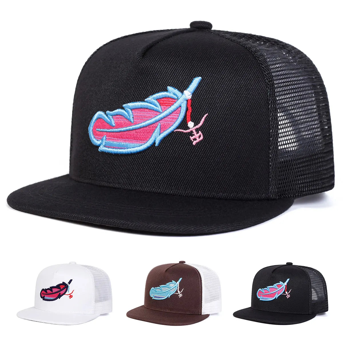 Chapeaux de filet de Hip-hop Unisexe Coloré Broderie Plume Printemps Été Réglable Décontracté Casquettes de Baseball Chapeau de Protection Solaire
