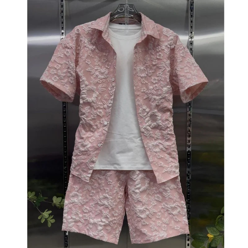 Ensemble décontracté d'été 2026 pour homme : chemise à manches courtes et short en jacquard gaufré, tenue 2 pièces légère