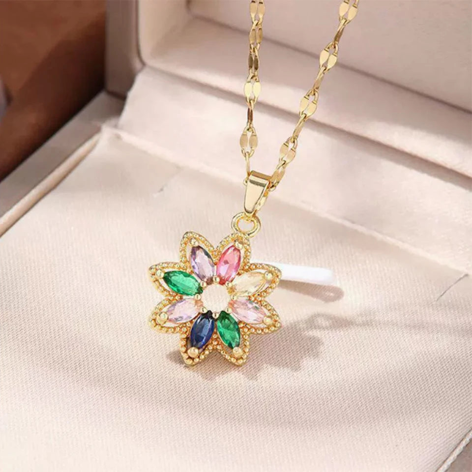 ZAKOL Nouveau Collier Pendentif Fleur Cristal Zircon Arc-en-ciel 7 Couleurs Tendance pour Femmes, Accessoires de Collier Chaîne en Acier Inoxydable