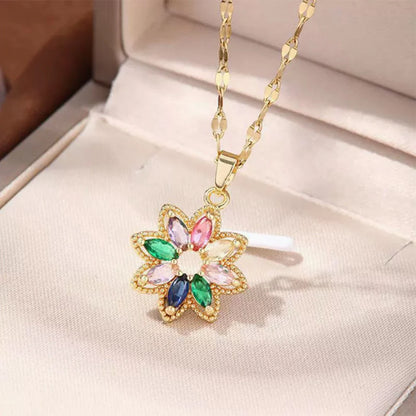 ZAKOL New Fashion 7 Colors Rainbow Zircon Crystal Flower Pendant Necklaces For Women Stainless Steel Chain Necklace Accessories