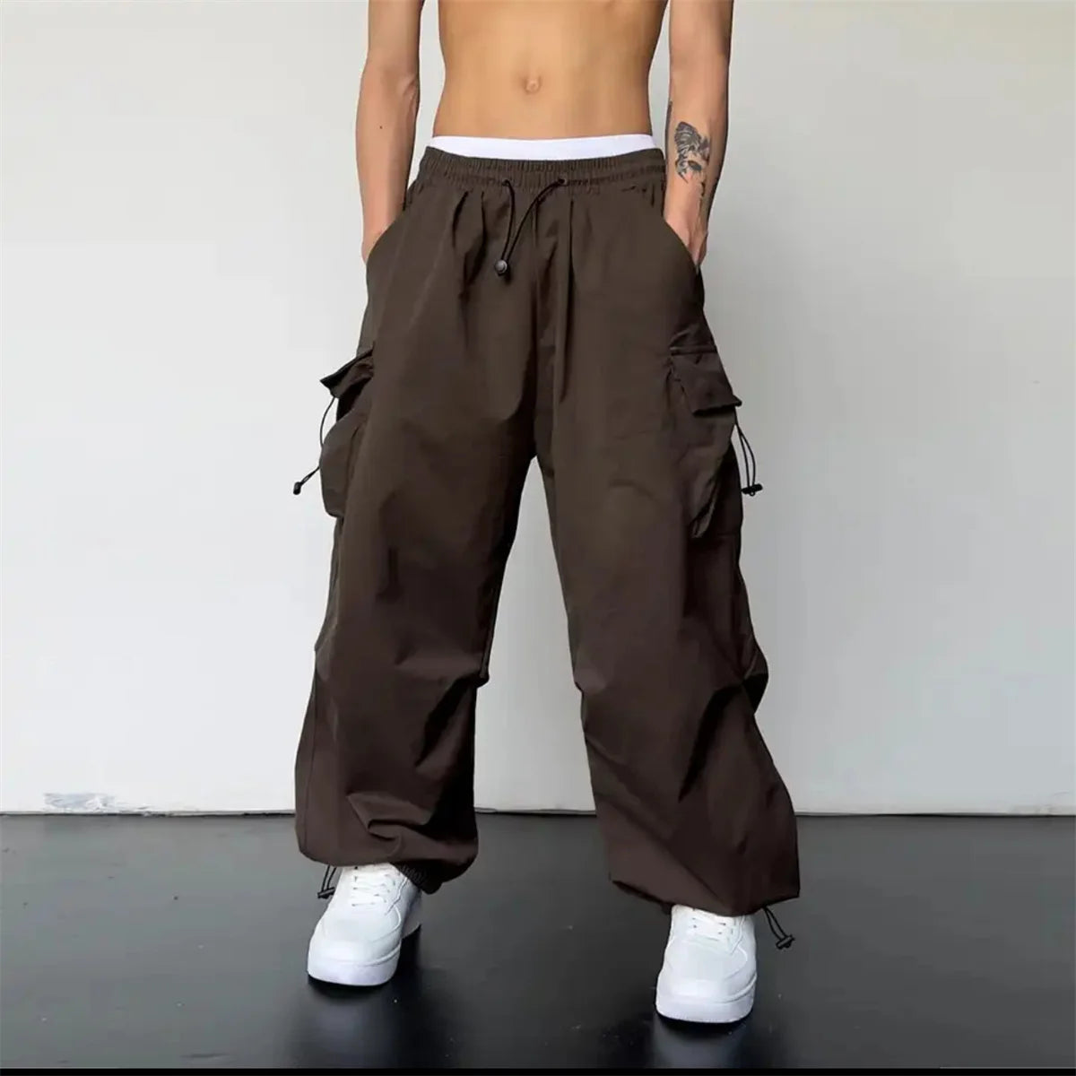 Black Men's Hip Hop Cargo Pants Casual Summer Solid Multiple Pockets Trousers Cool Ribbons Techwear Hip Hop Sweatpants Boys