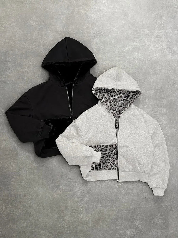 Sweat à capuche oversize style gothique Harajuku pour homme et femme, automne-hiver, imprimé léopard rétro décontracté, fermeture éclair, coupe ample et personnalisable
