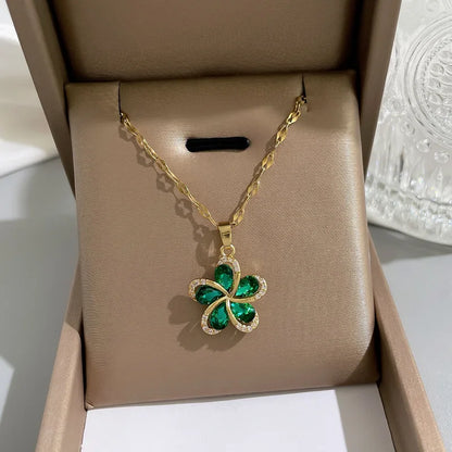 Stainless Steel Green Zircon Flowers Pendant Necklace For Women New Luxury Girls Lucky Chain Birthday Jewelry Gifts