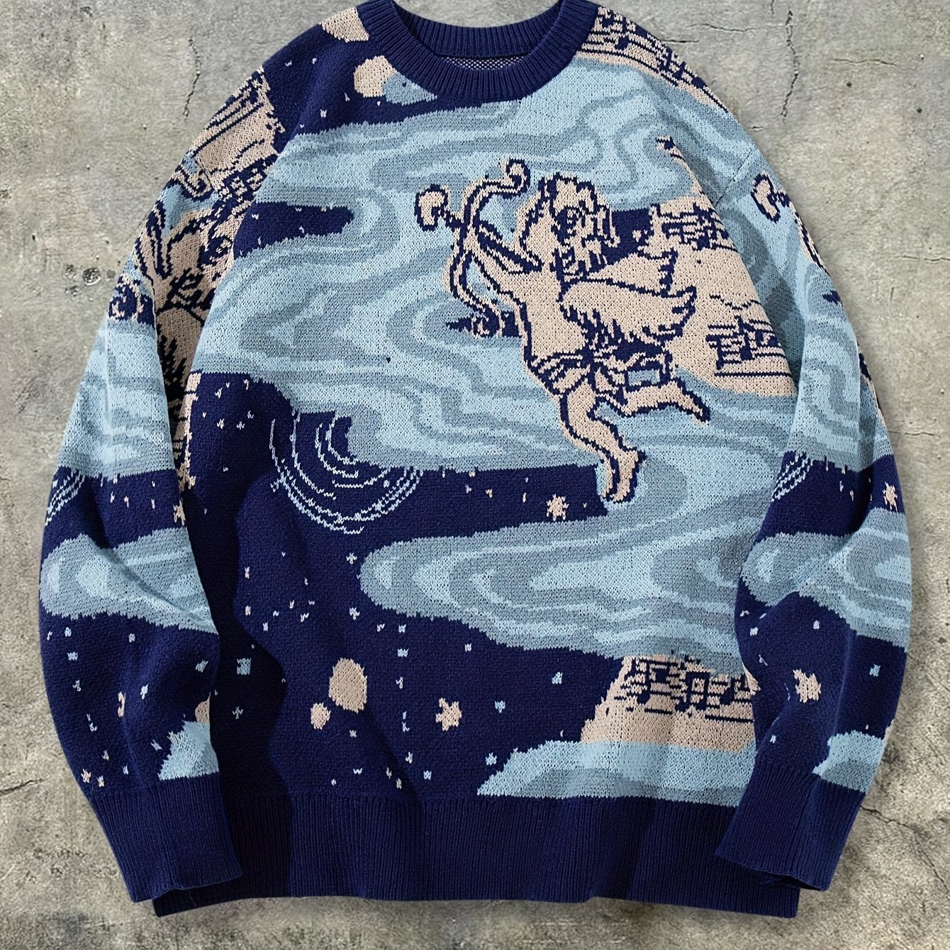 Nouveau pull en maille à manches longues et col rond pour homme, style rétro américain décontracté, imprimé Cupidon et ciel étoilé, idéal pour l'automne et l'hiver.