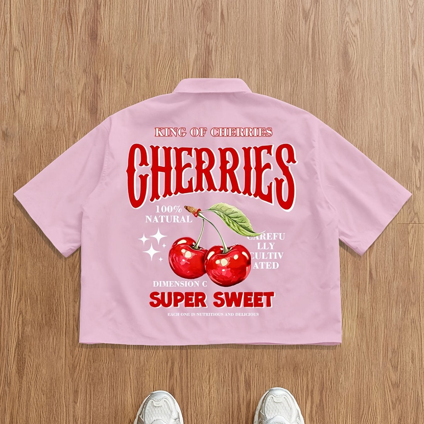 Chemise d'été décontractée à manches courtes pour homme avec motif de cerises et lettres au dos