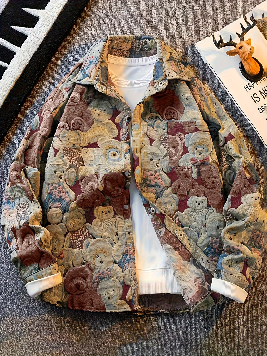 Veste Chemise Homme Vintage Américaine Ours Tissé, Chemise Décontractée Tendance Haut de Gamme pour l'Automne